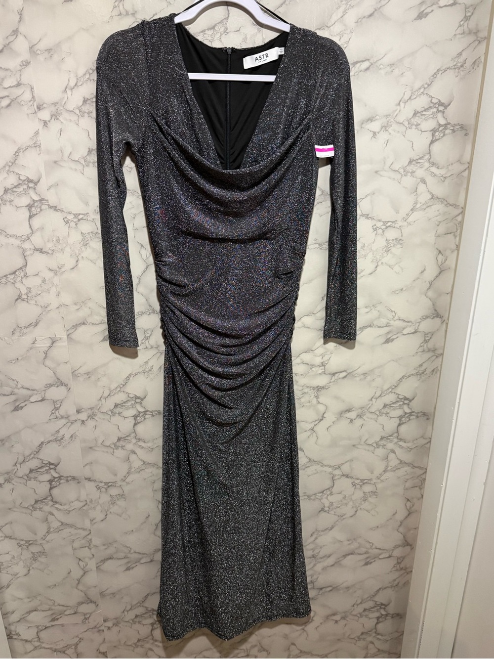 NEW ASTR The Label Sparkle Black Cowl Ruched Long Sleeve Dress XS